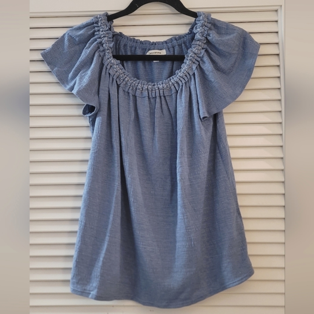 Max Studio- Blue & White Off-Shoulder Ruffle Top
